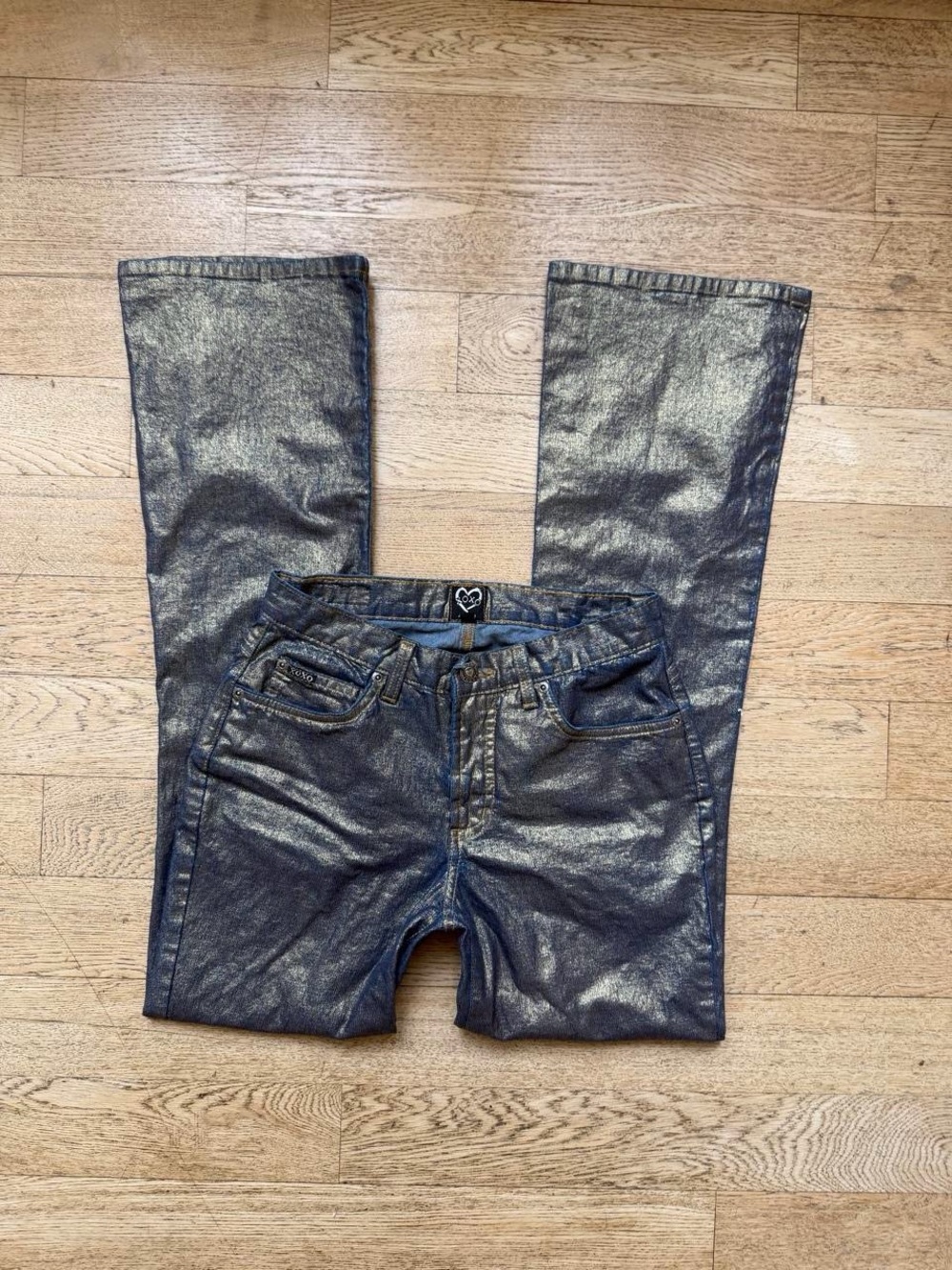 Y2K Metallic Jeans XOXO Gold Foil Denim Pants Indie Sleaze
